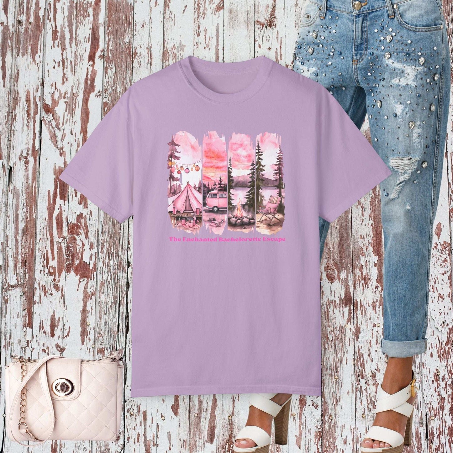Enchanted Bachelorette Camping T-shirt - Orchid / S - T-Shirt