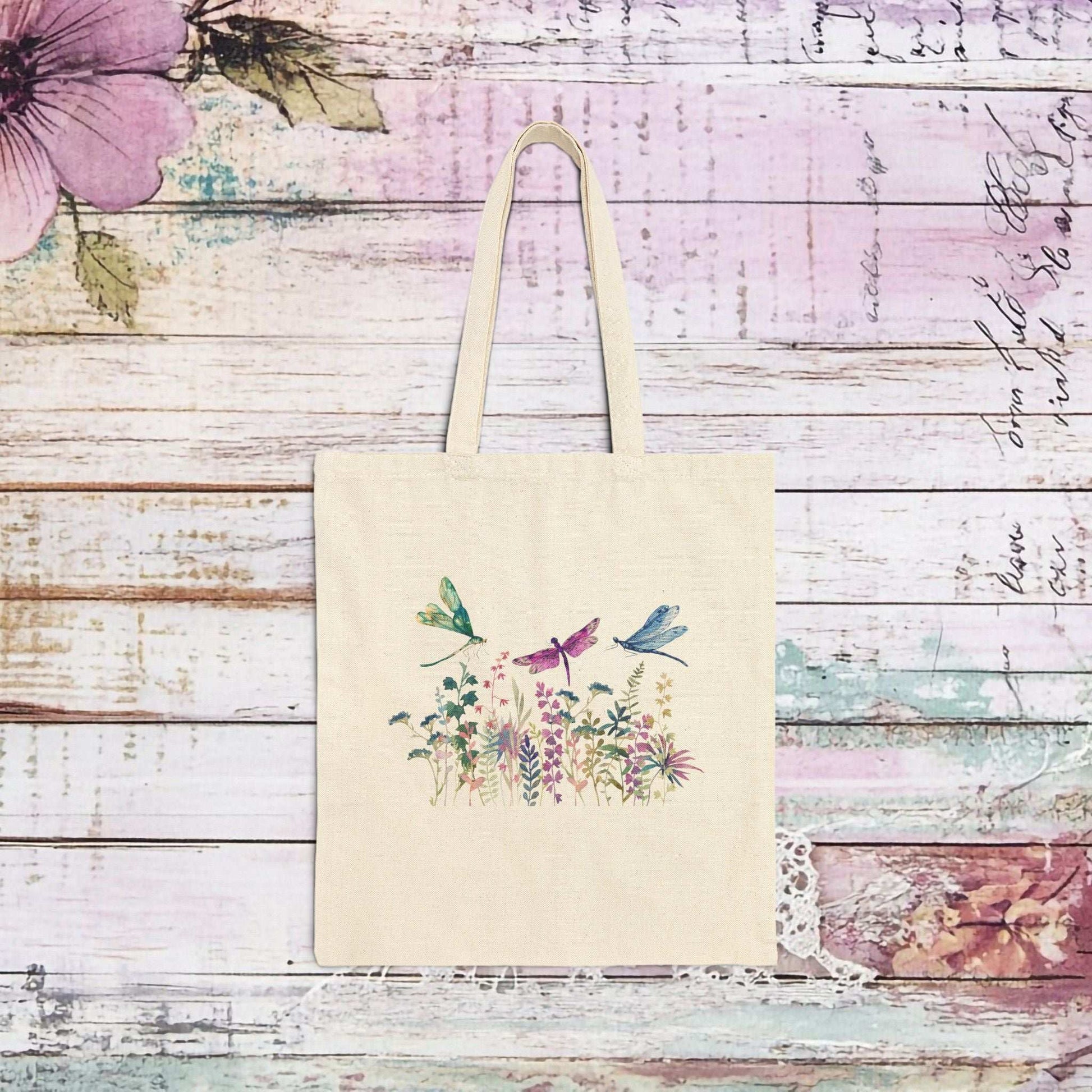 Floral Dragonfly Canvas Tote Bag - Fairy Dust Tee Shop