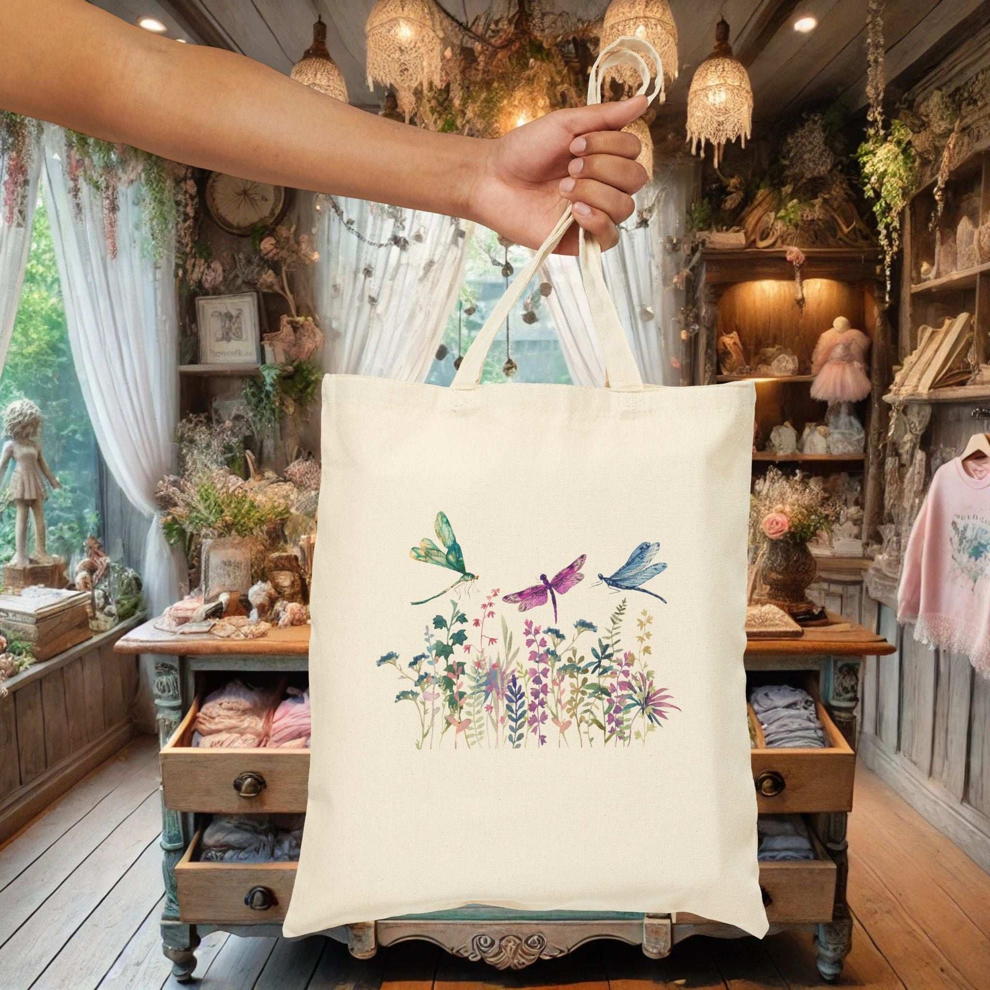 Floral Dragonfly Canvas Tote Bag - Fairy Dust Tee Shop